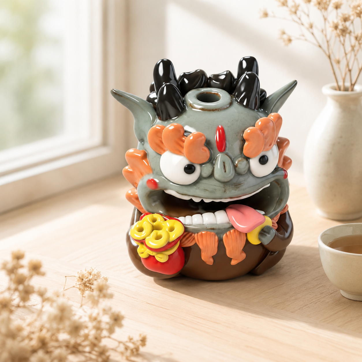Pixiu Fortune Bringer Figurine – Hand-Pinched Jingdezhen Ceramic & Resin Sculpture