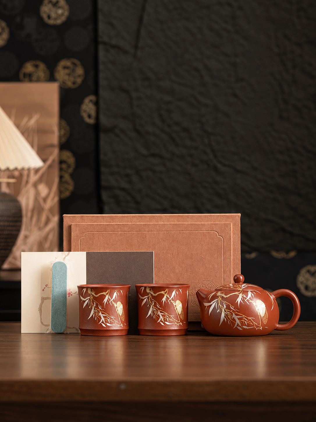 Yixing zisha Xishi teapot set with two matching tea cups and gift box