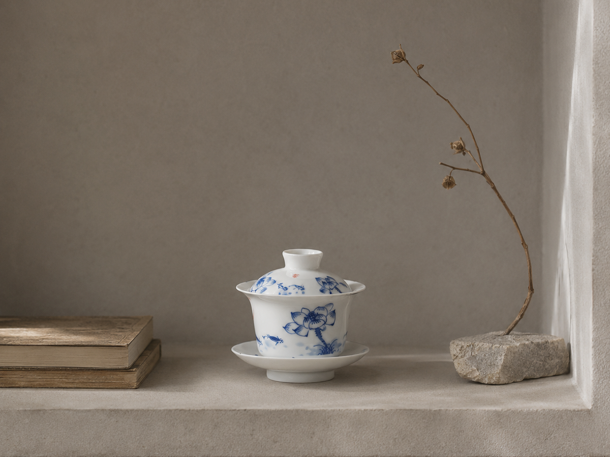 Blue and white lotus gaiwan displayed with books and a dried branch in a quiet interior
