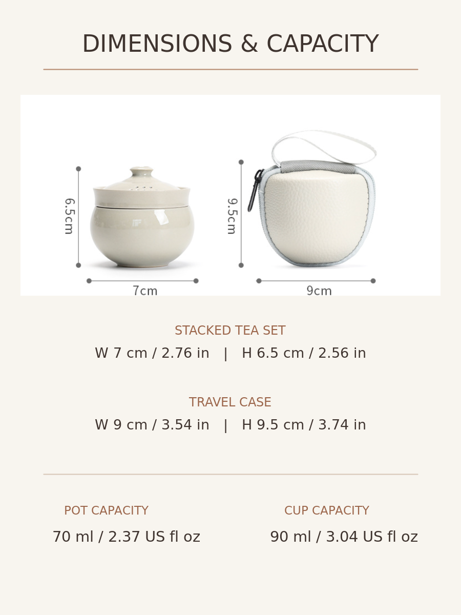 Dimension chart for the compact ceramic tea set and travel case with 70 ml brewer and 90 ml cup capacities
