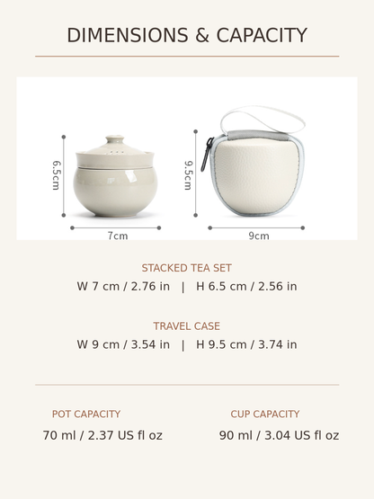 Dimension chart for the compact ceramic tea set and travel case with 70 ml brewer and 90 ml cup capacities

