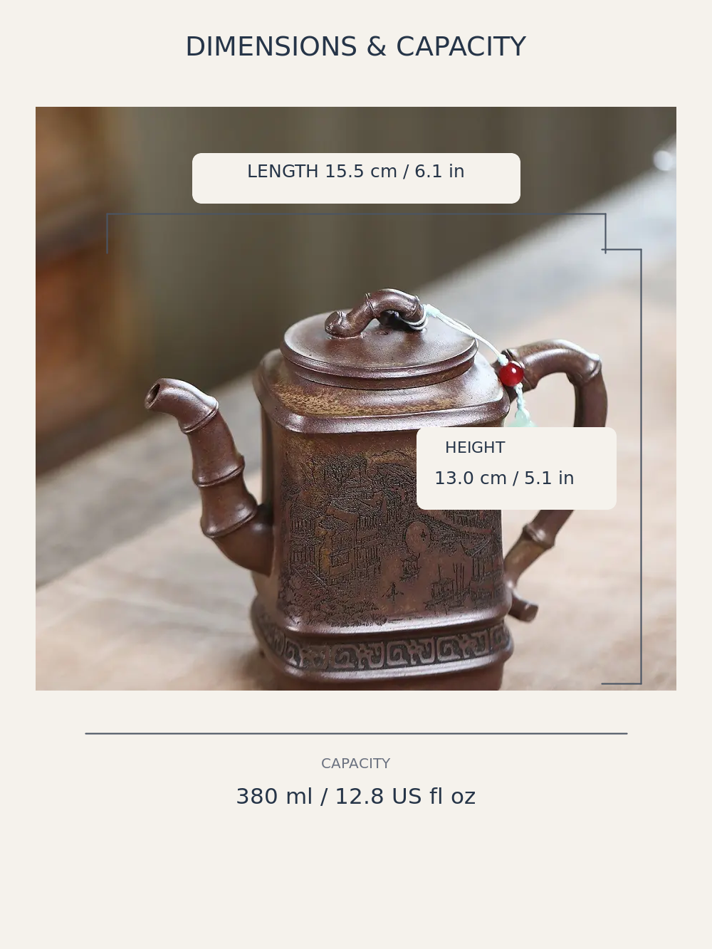 Dimensions diagram for the square Yixing zisha teapot showing 15.5 cm length, 13 cm height, and 380 ml capacity