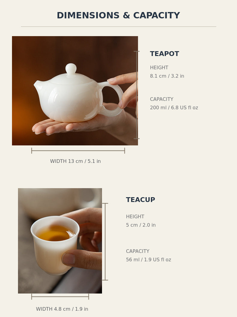 Dimensions and capacity chart for a 200 ml white Xishi teapot and 56 ml matching teacup
