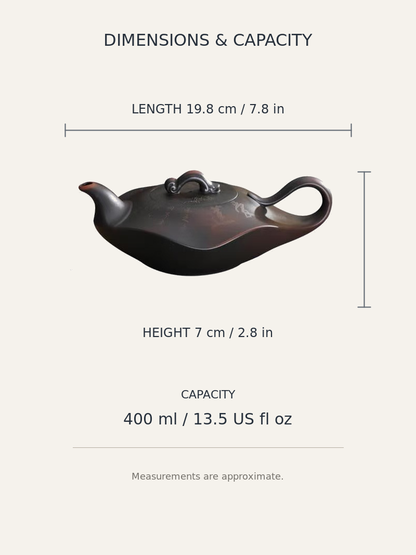 Dimensions diagram for the Yixing zisha teapot showing 19.8 cm length, 7 cm height, and 400 ml capacity