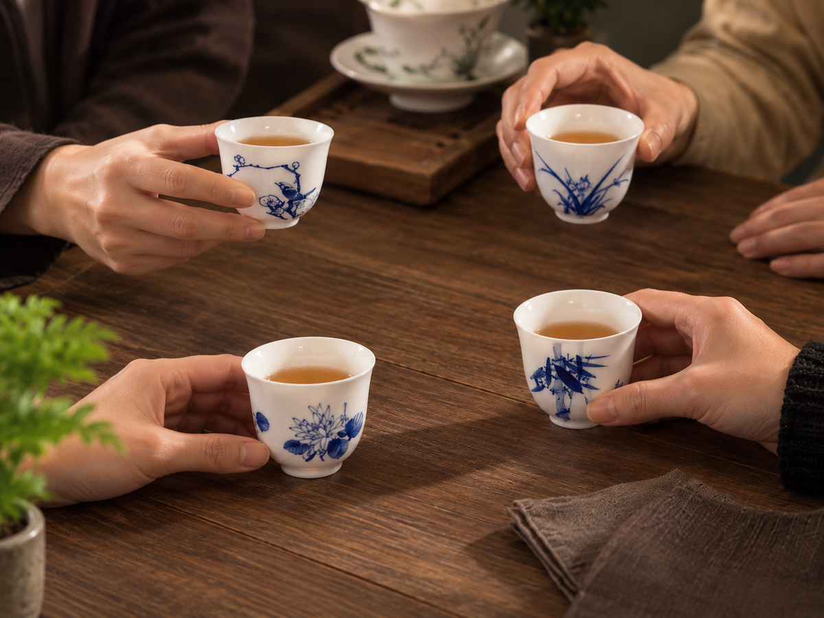 Four people sharing tea with the Plum, Orchid, Bamboo and Chrysanthemum porcelain cups