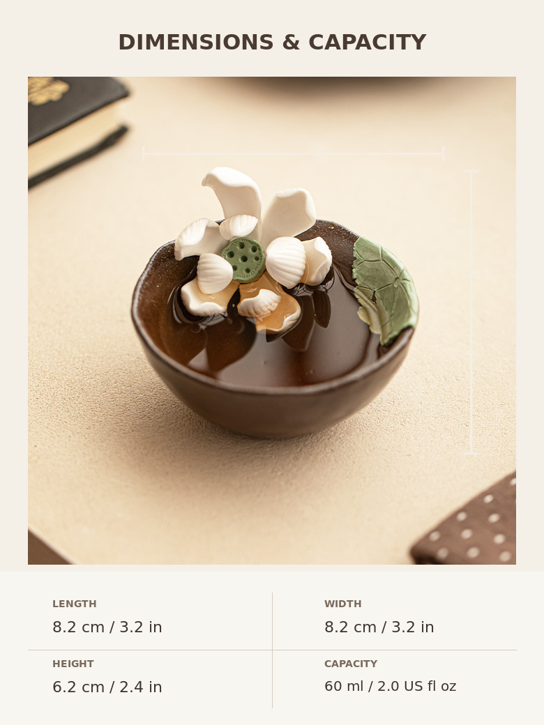 Dimensions and capacity guide for the handmade lotus ceramic tea cup