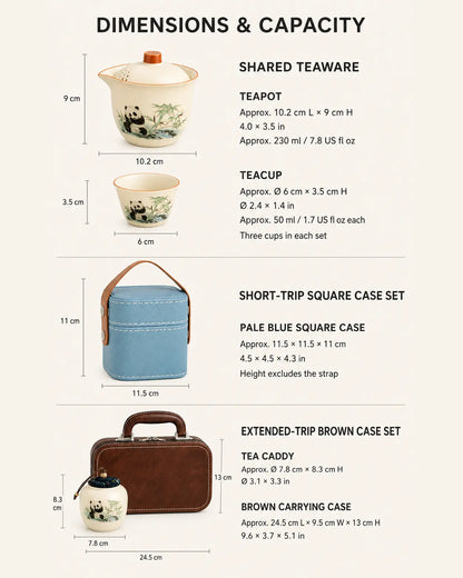Dimensions and capacity guide for the panda ceramic travel tea set and both carrying cases