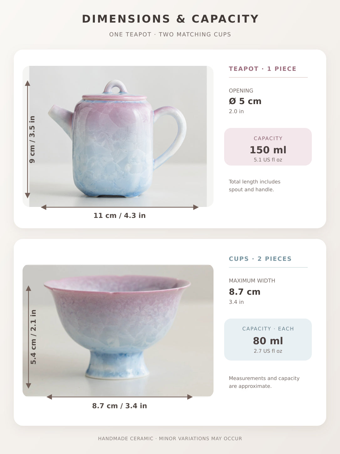 Dimensions and capacities of the pink-to-blue crystalline glaze tea set with one 150 ml teapot and two 80 ml cups