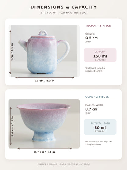 Dimensions and capacities of the pink-to-blue crystalline glaze tea set with one 150 ml teapot and two 80 ml cups