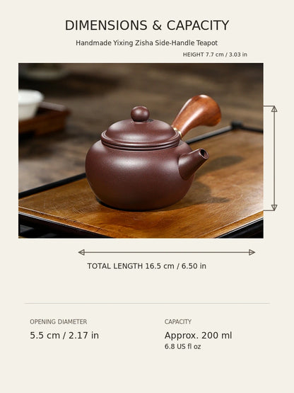 Dimensions diagram for the Yixing side-handle teapot showing length, height, opening diameter and capacity