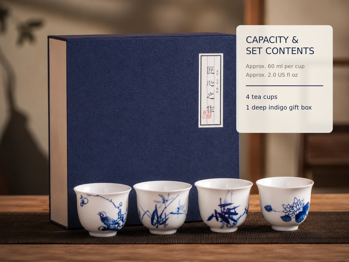 Capacity and set contents guide for four 60 ml Four Gentlemen tea cups and a deep indigo gift box