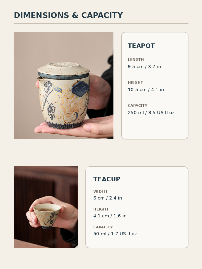 Peony ceramic travel tea set size chart with teapot and teacup measurements
