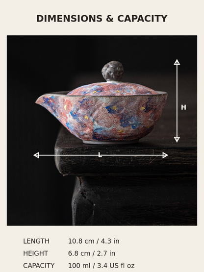 Galaxy glaze ceramic teapot size chart with length, height, and capacity
