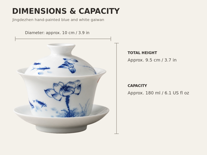 Dimensions and capacity of the 180 ml blue and white three-piece gaiwan