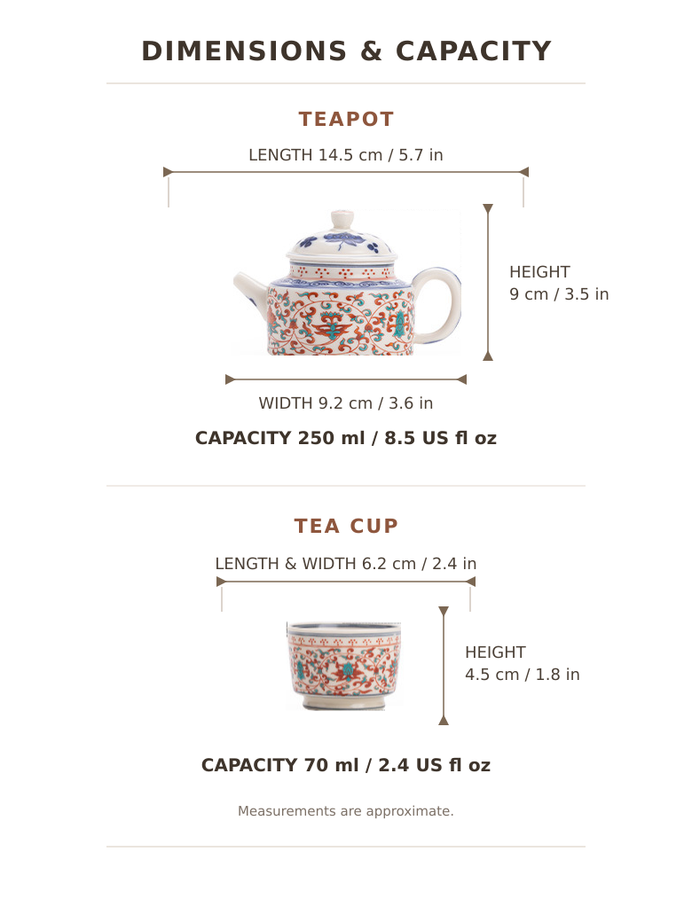 Dimensions and capacity guide for the lotus ceramic teapot and matching tea cup