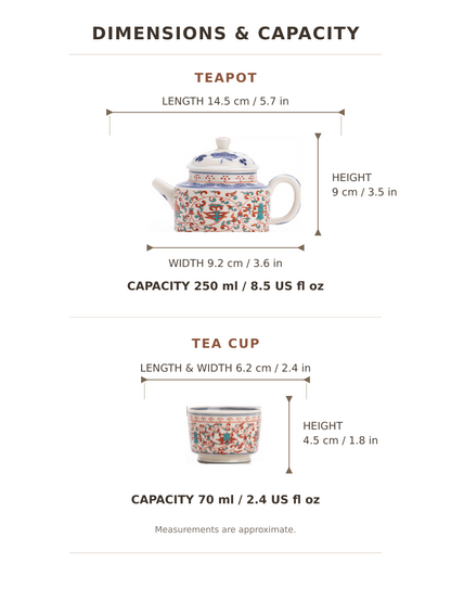 Dimensions and capacity guide for the lotus ceramic teapot and matching tea cup