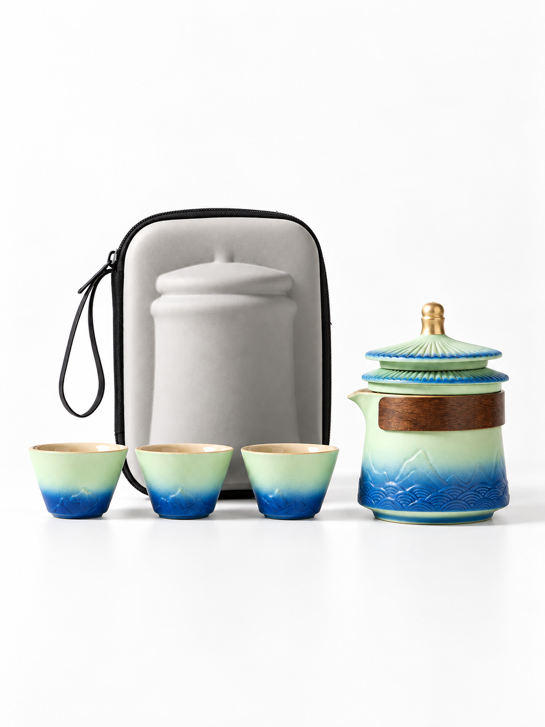 Portable tea set with three cups and a gray zippered carry bag
