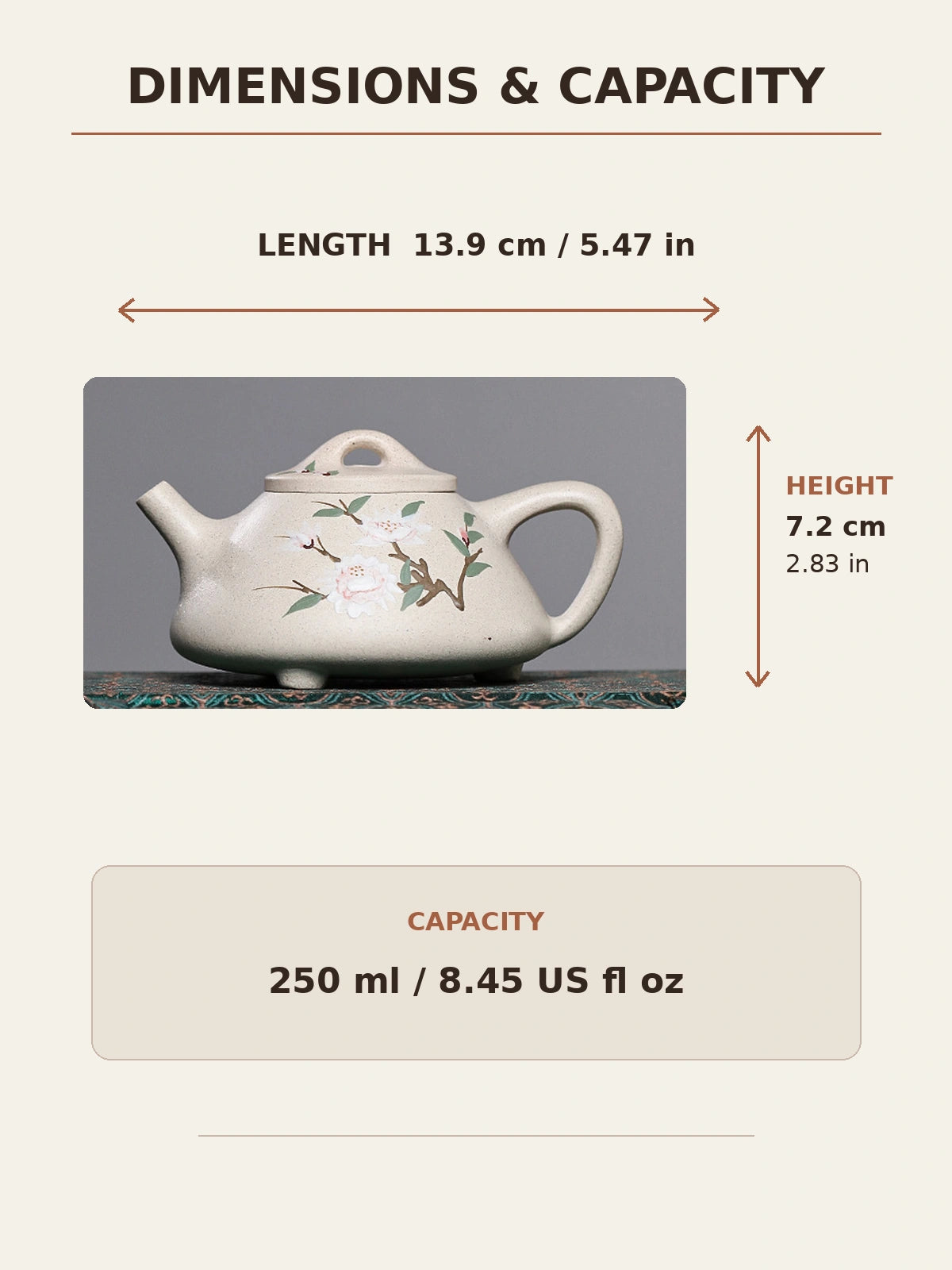 Yixing white duanni Shi Piao teapot dimensions: 13.9 cm long, 7.2 cm high, and 250 ml capacity