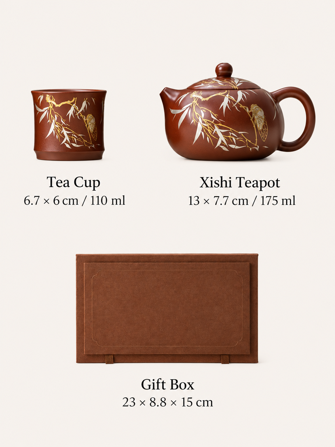 Size guide for Xishi teapot, tea cup, and gift box with dimensions and capacities