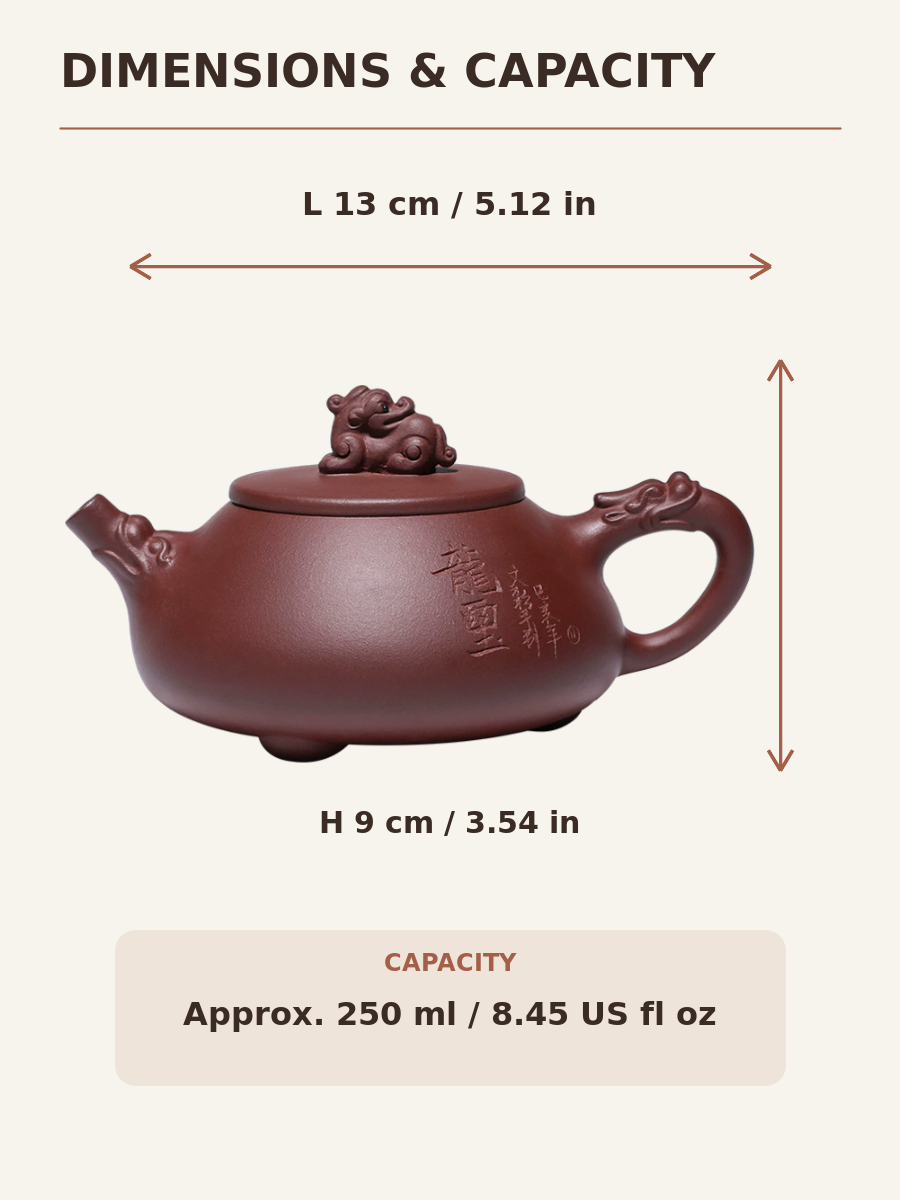 Yixing dragon teapot dimensions showing 13 cm length, 9 cm height, and approximately 250 ml capacity