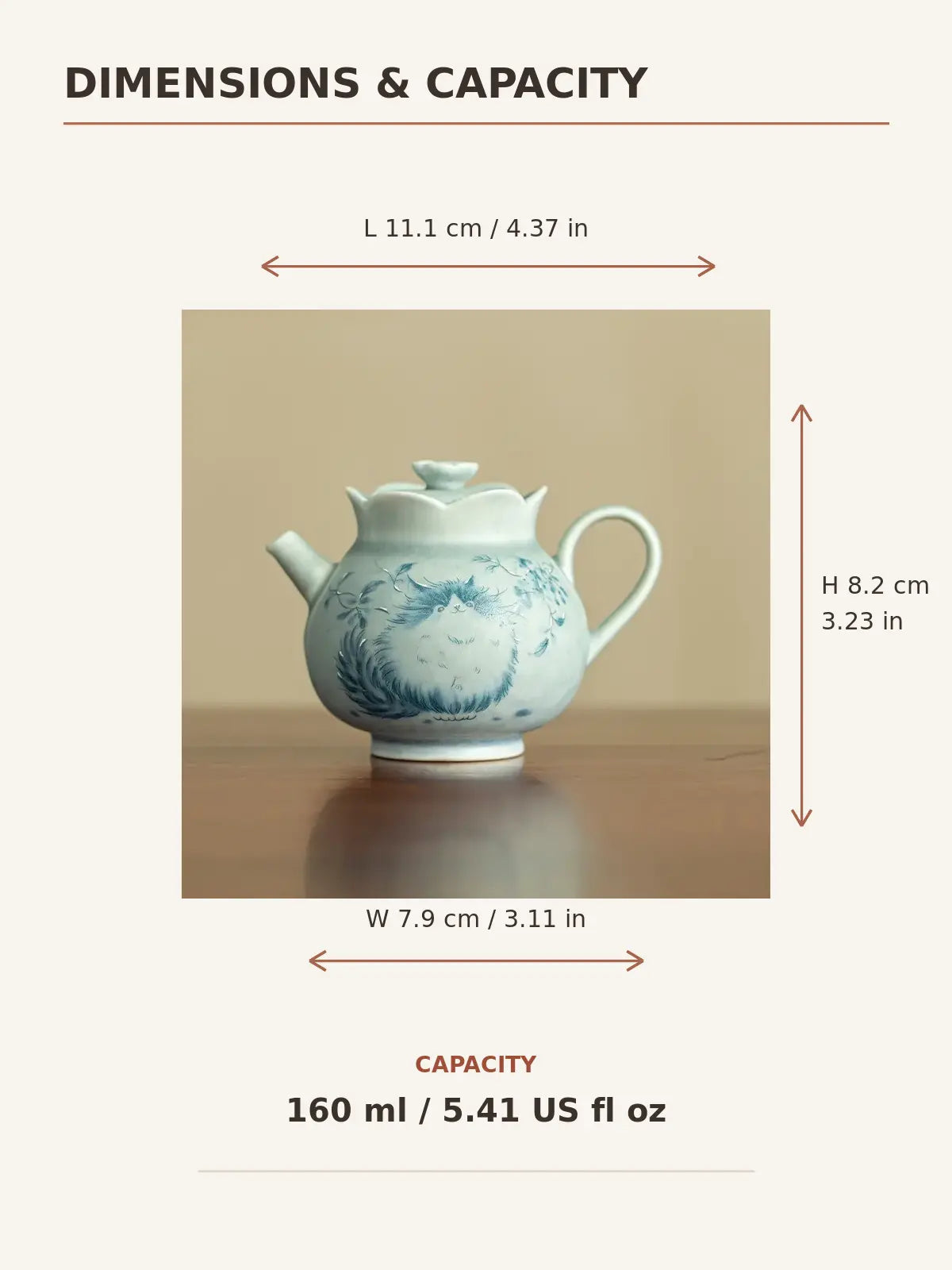 Dimensions diagram for the cat ceramic teapot showing 11.1 × 7.9 × 8.2 cm and 160 ml capacity
