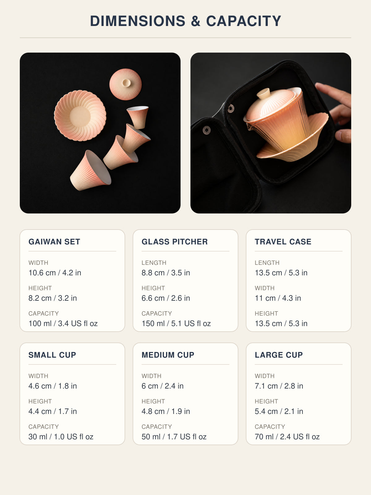 Dimensions and capacity diagram for the gaiwan travel tea set, glass pitcher, three cups, and travel case
