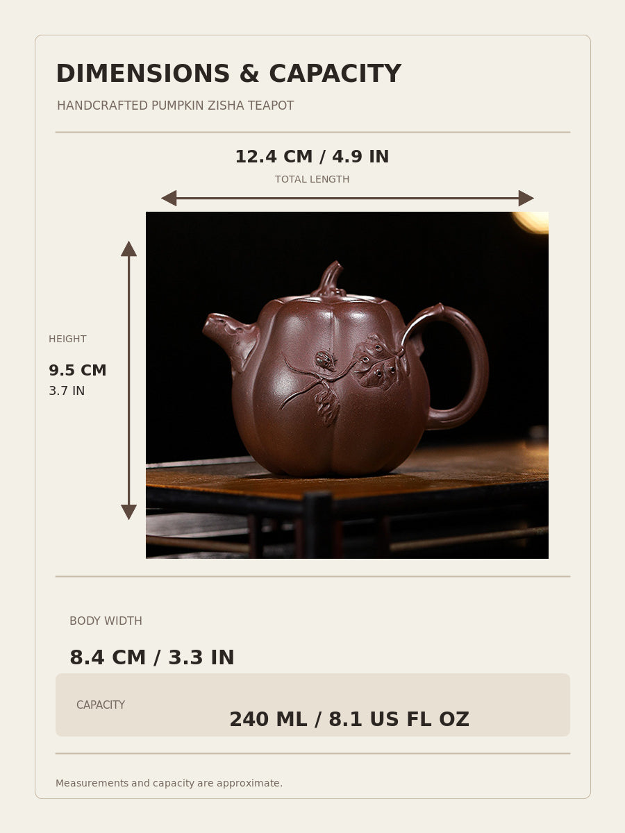 Pumpkin zisha teapot dimensions: 12.4 cm long, 8.4 cm wide, 9.5 cm high, with a 240 ml capacity