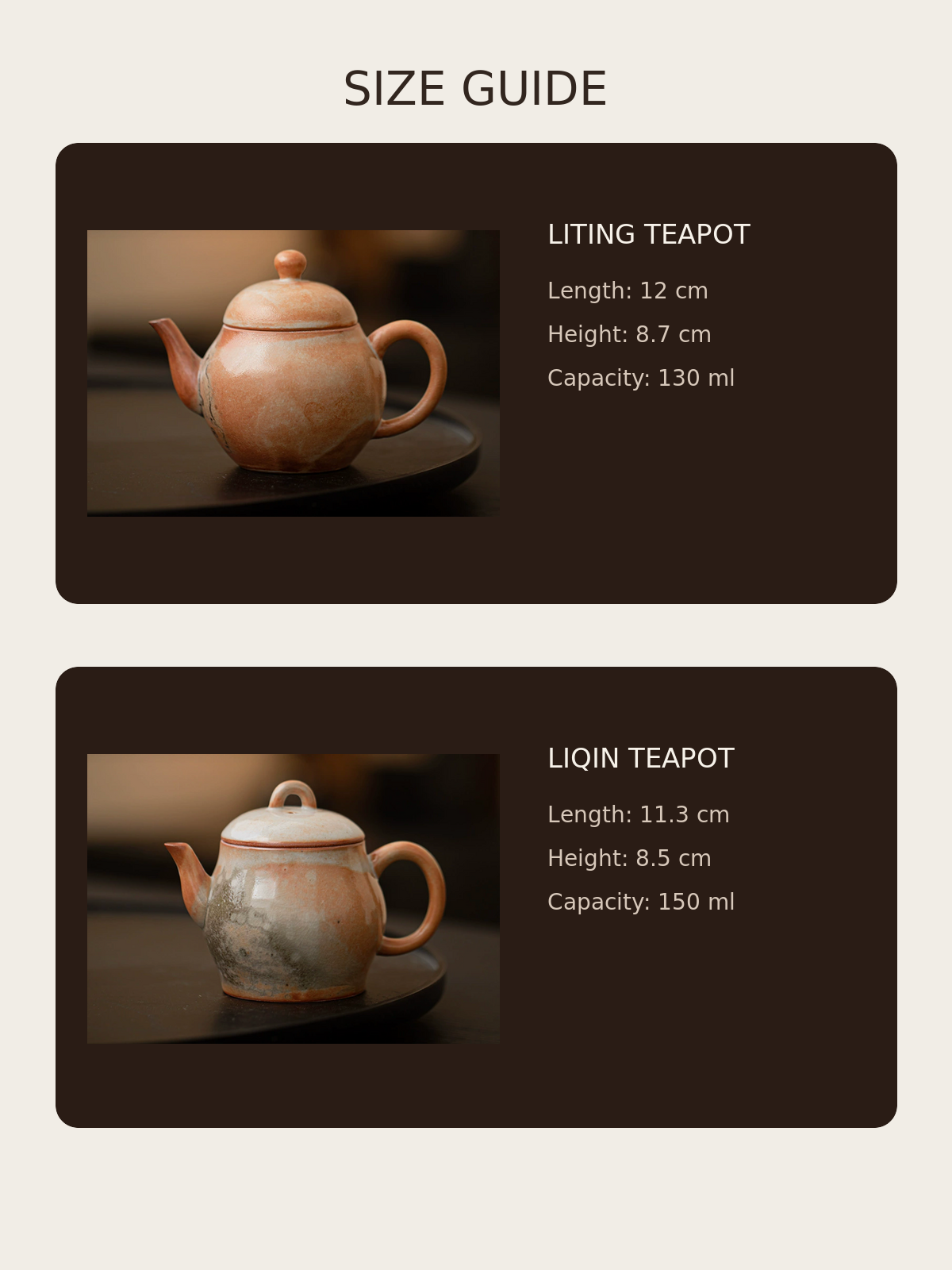 Size guide for Liting and Liqin handmade ceramic teapots
