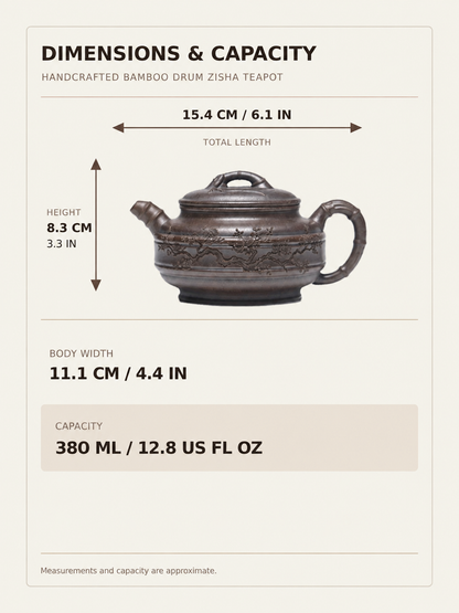 Bamboo drum zisha teapot dimensions: 15.4 cm long, 11.1 cm wide, 8.3 cm high, with a 380 ml capacity