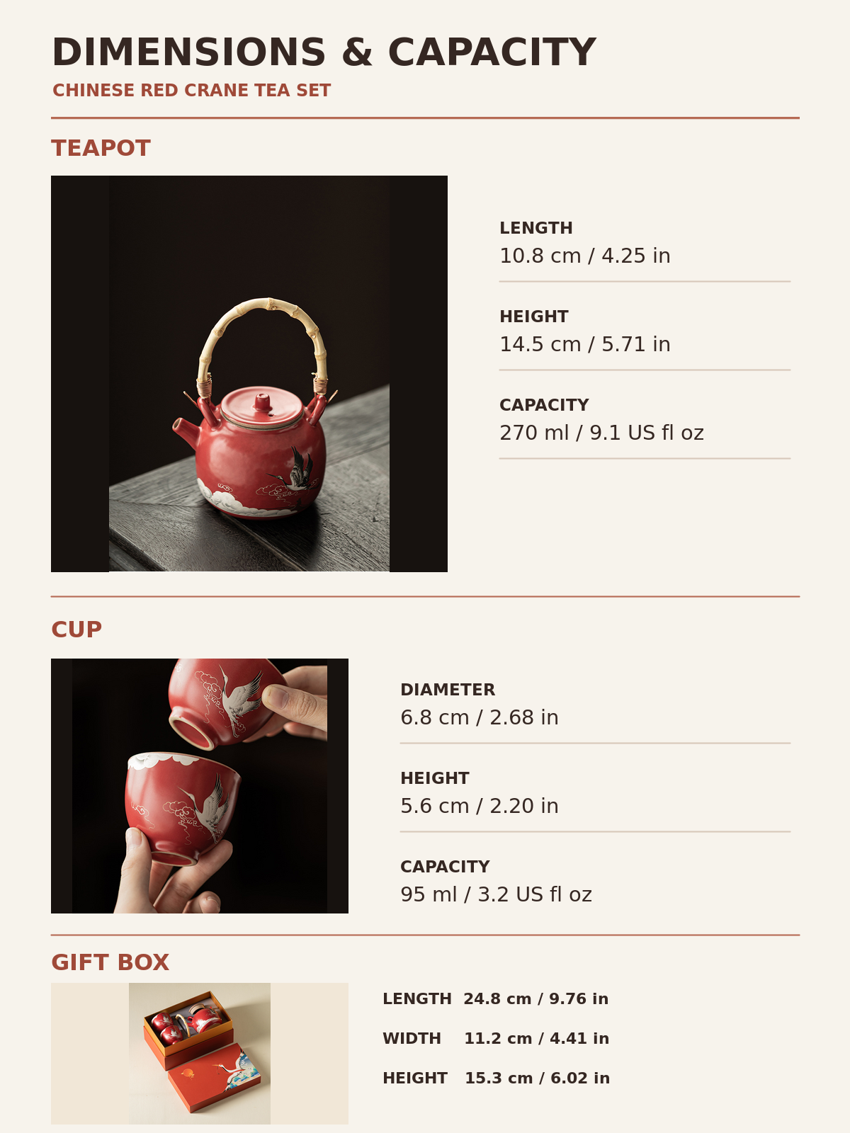 Dimensions of the red crane ceramic teapot, cups, and gift box

