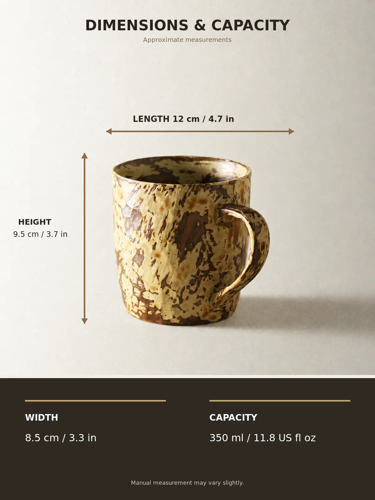 Dimensions diagram showing the ceramic mug’s length, width, height, and 11.8 fl oz capacity
