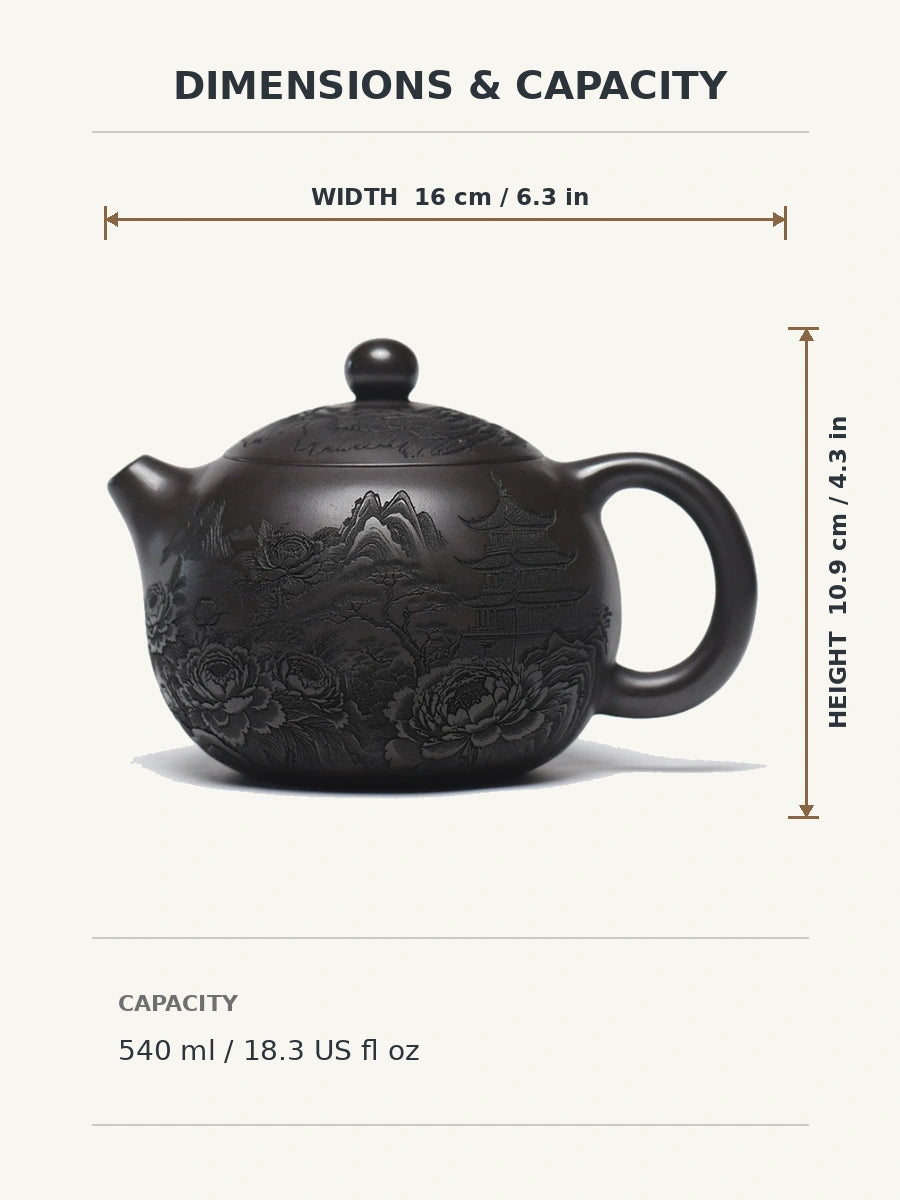 Dimensions diagram for the 540 ml Yixing zisha teapot showing 16 cm width and 10.9 cm height