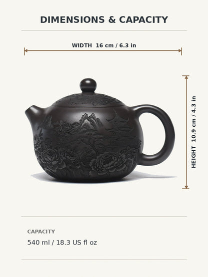 Dimensions diagram for the 540 ml Yixing zisha teapot showing 16 cm width and 10.9 cm height