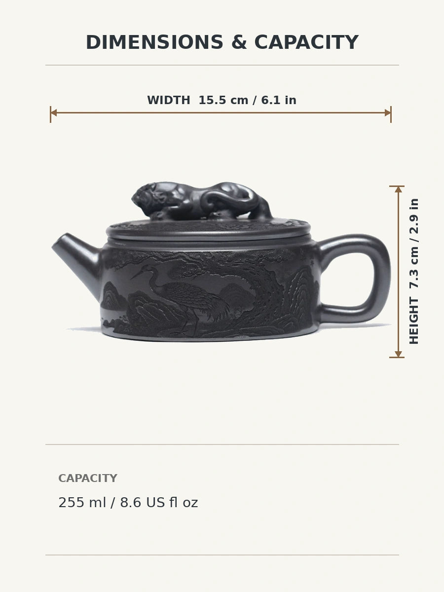 Dimensions diagram for the Yixing zisha teapot showing 15.5 cm width, 7.3 cm height, and 255 ml capacity