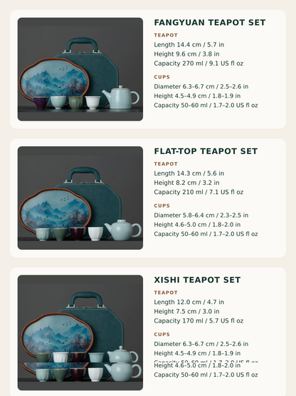Size guide for Fangyuan, Flat-Top, and Xishi teapots with metric and US measurements
