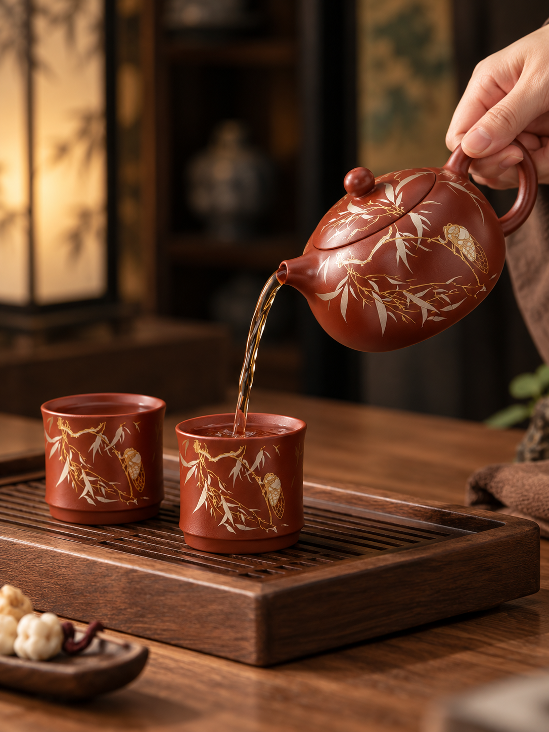 Yixing zisha teapot pouring tea into matching cicada-pattern tea cups