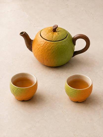 Green-to-orange tangerine-shaped ceramic tea set with one teapot and two matching teacups