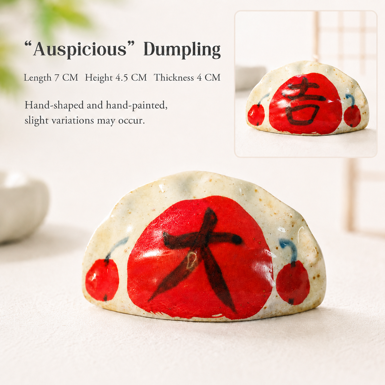 Hand-Pinched Dumpling Figurine – Jingdezhen Ceramic with Auspicious Chinese Calligraphy
