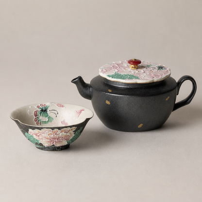 Hand-Painted Raised Peony Ceramic Teapot – 120ml, Optional Flower-Rim Cup