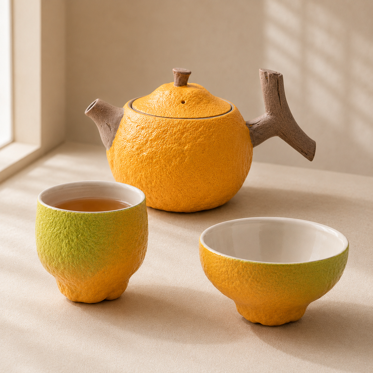 Lifelike Tangerine-Shaped Ceramic Teacups & Teapot Collection