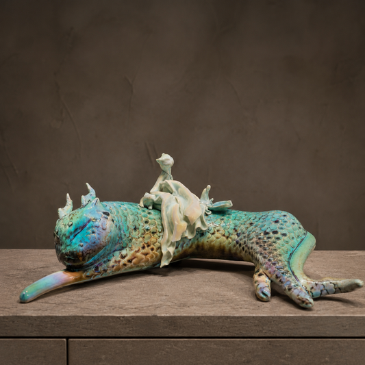 Surrealist Hand-Painted Mythological  Statue— One-of-One Handmade Ceramic Auspicious Beast Sculpture