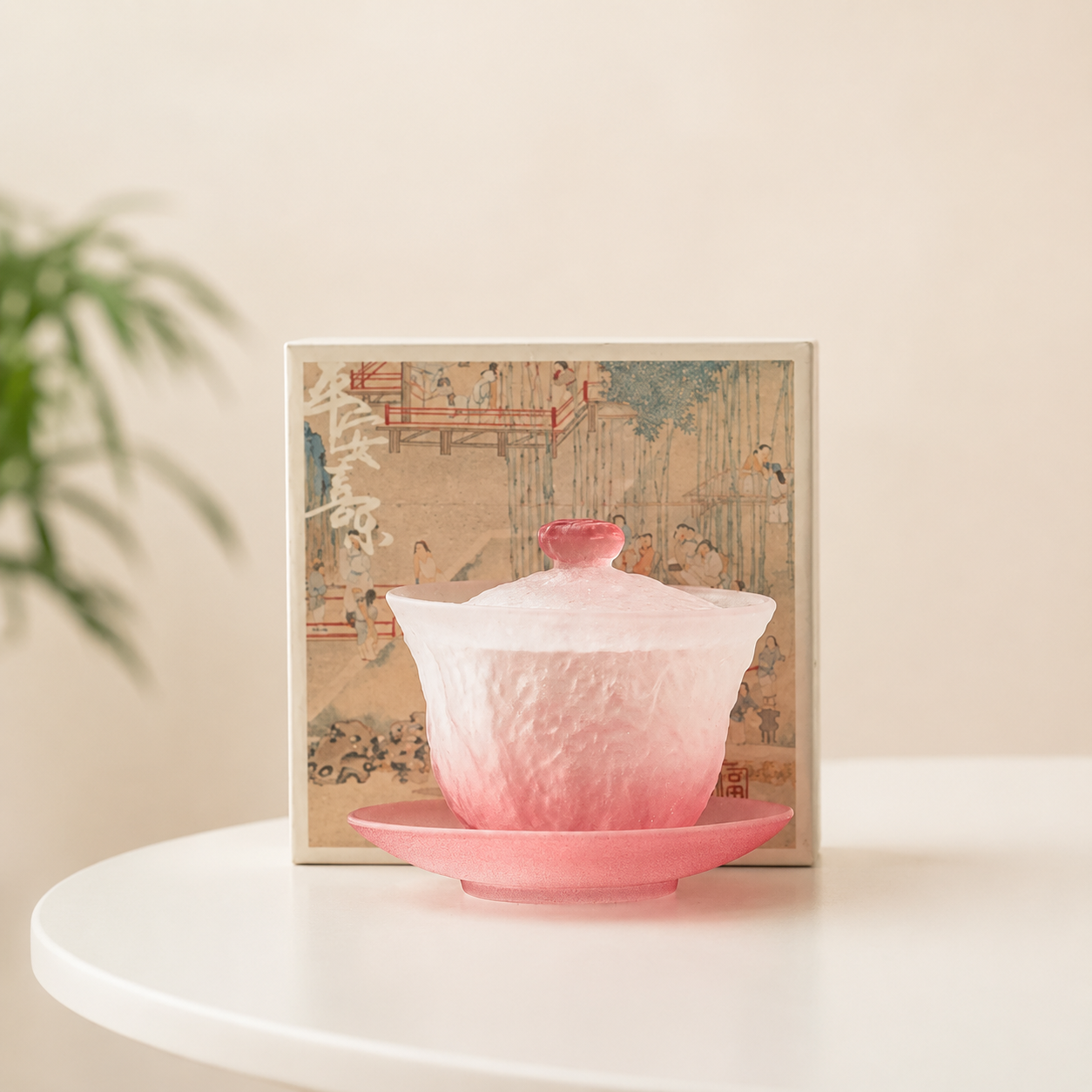 Gradient Pink Frosted Glass Gaiwan – 120ml Handmade Gongfu Tea Brewer
