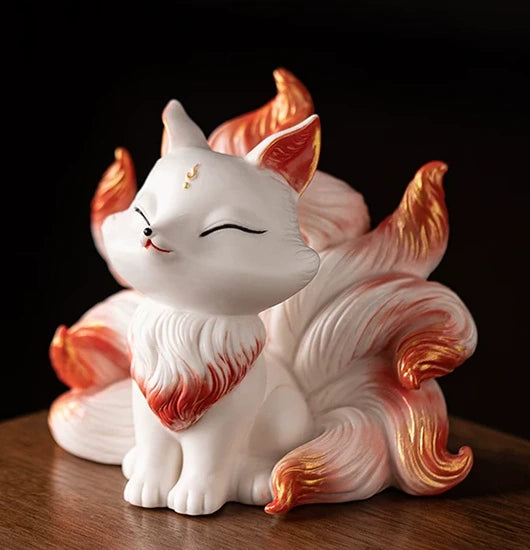 Hand-Sculpted Ceramic Nine-Tailed Fox Figurine