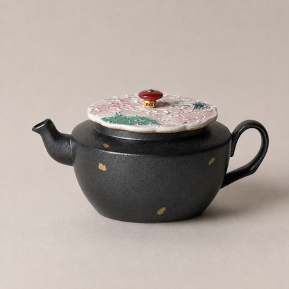 Hand-Painted Raised Peony Ceramic Teapot – 120ml, Optional Flower-Rim Cup