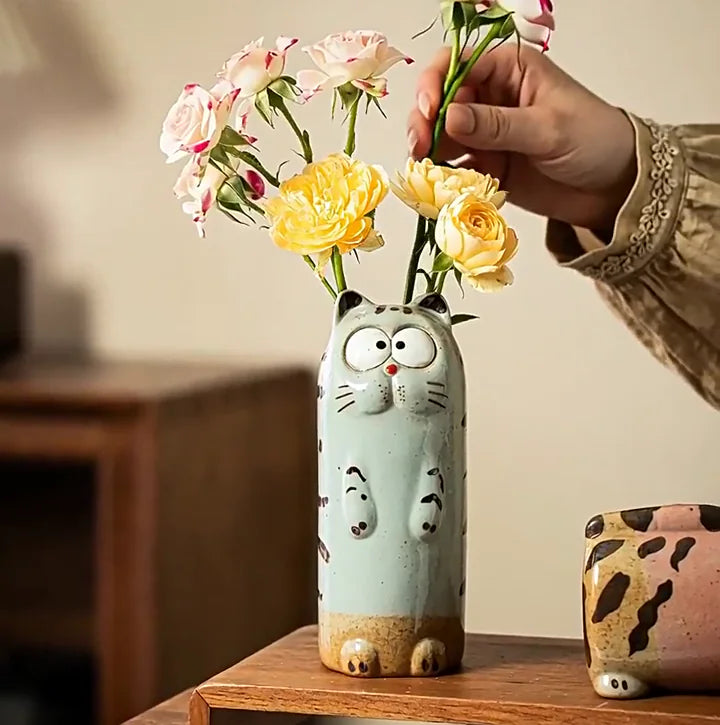 Hand-Painted Ceramic Cat Mini Vase