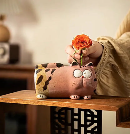 Hand-Painted Ceramic Cat Mini Vase